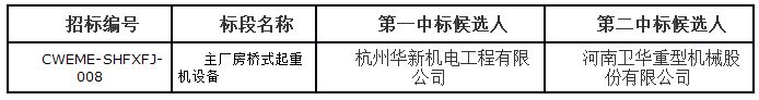 上海申能奉贤热电工程项目主厂房桥式起重机设备采购招标评标结果公示
